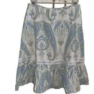 Y2k split  cotton light blue paisley skirt w/ ruffle hem and ribbon detail .